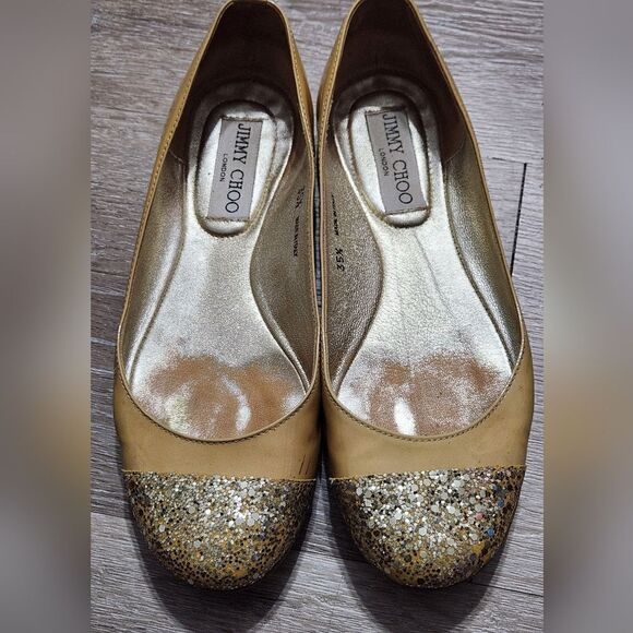 Jimmy Choo Whirl Ballet Flats Tan Beige  Glitter Cap Toe Patent Leather Sz 35.5 - Picture 4 of 11